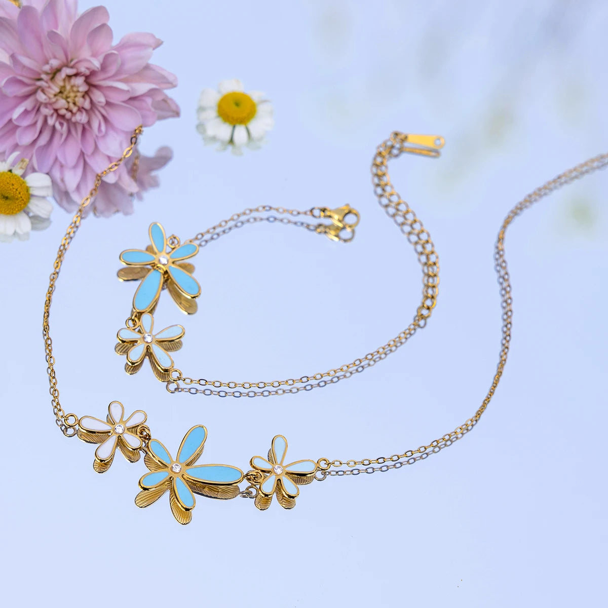 BLUE FLOWER NECKLACE & BRACELET